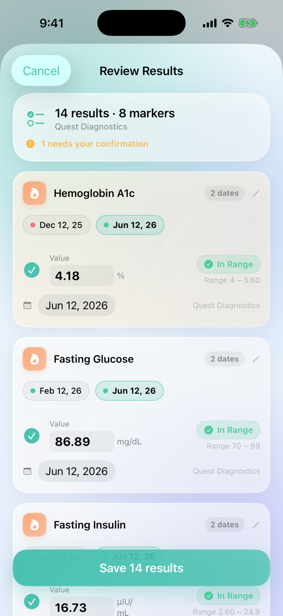 Review screen listing extracted results grouped by marker, each with dates and ranges
