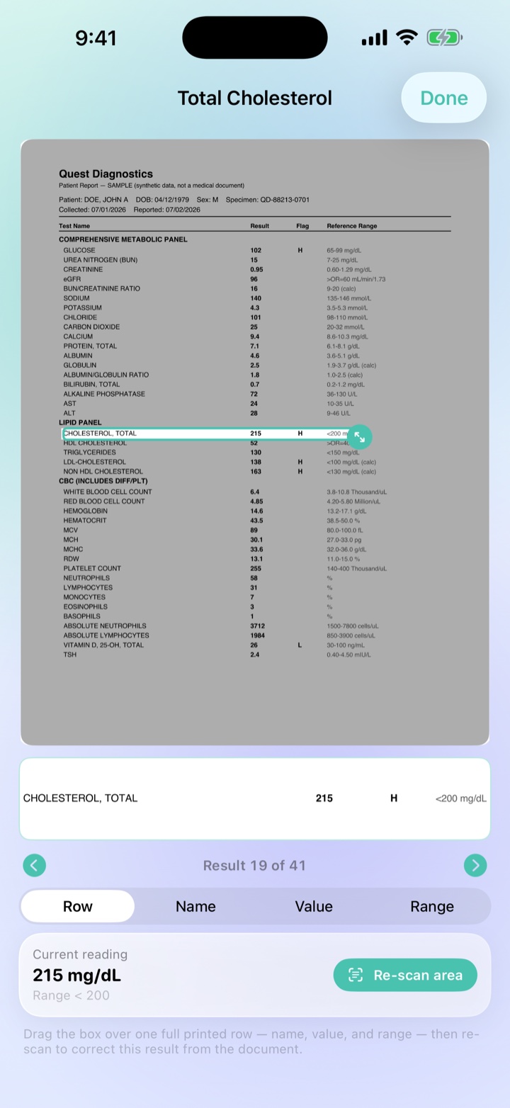 Labstrack verify screen with a value boxed on the lab report, in light mode